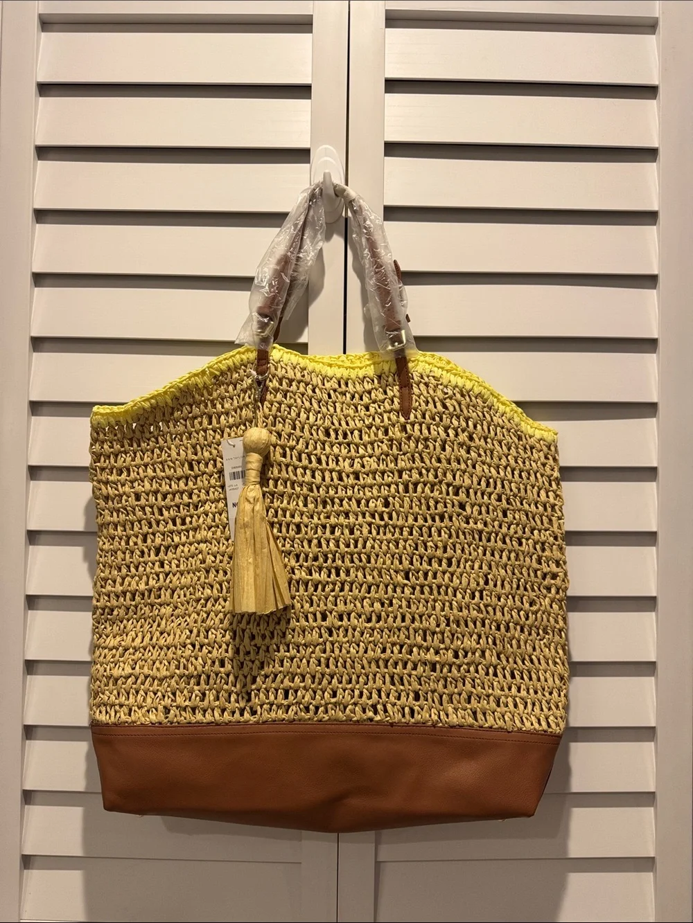 Ann Taylor NWT Yellow Woven Tote with Brown Base and Tassel